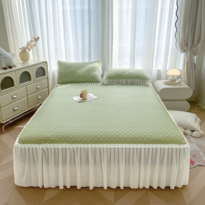 91家纺网 家纺一手货源 找家纺 怡源梦 2025新款A类高分子凉感席床裙床笠二合一席子-心动系列 绿色