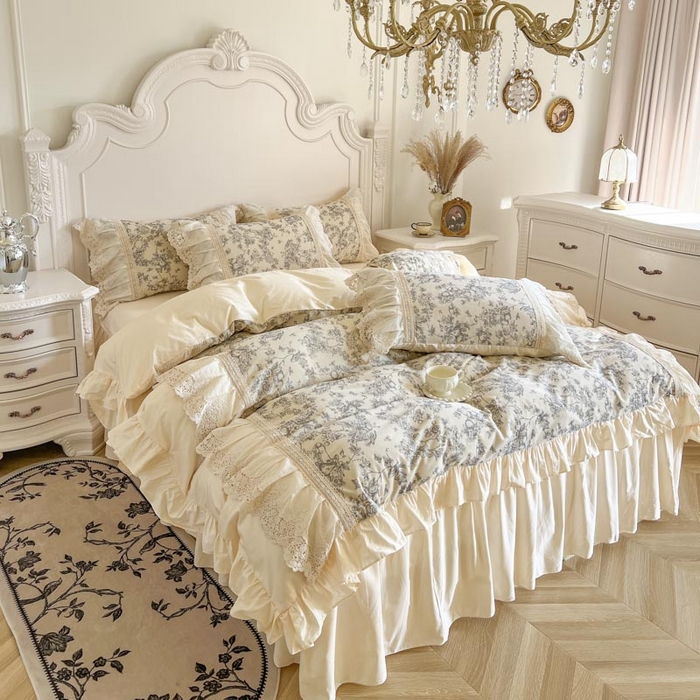 91家纺网 家纺一手货源 找家纺 亲亲公主 2025全棉法式花边四件套公主风 莫奈田园法式四件套