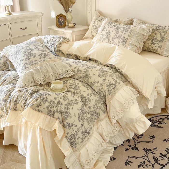 91家纺网 家纺一手货源 找家纺 亲亲公主 2025全棉法式花边四件套公主风 莫奈田园法式四件套