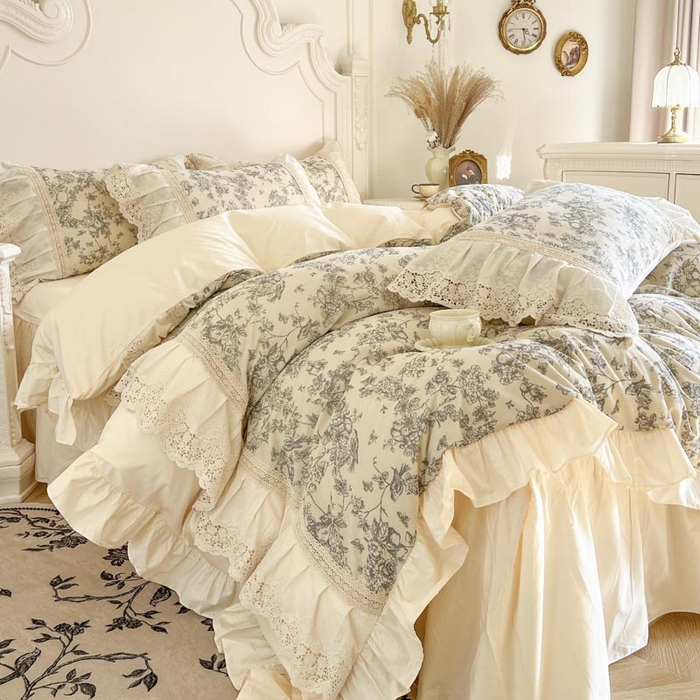 91家纺网 家纺一手货源 找家纺 亲亲公主 2025全棉法式花边四件套公主风 莫奈田园法式四件套