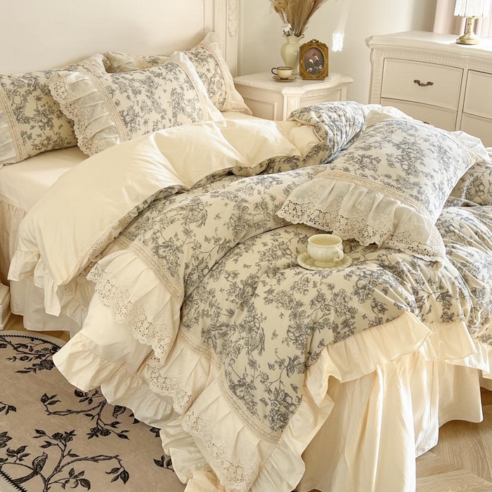 91家纺网 家纺一手货源 找家纺 亲亲公主 2025全棉法式花边四件套公主风 莫奈田园法式四件套