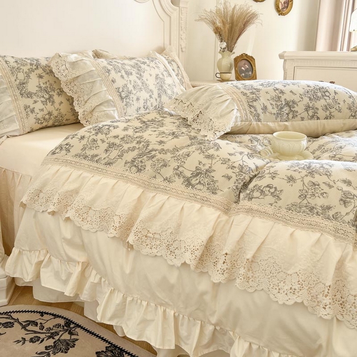 91家纺网 家纺一手货源 找家纺 亲亲公主 2025全棉法式花边四件套公主风 莫奈田园法式四件套