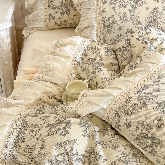 91家纺网 家纺一手货源 找家纺 亲亲公主 2025全棉法式花边四件套公主风 莫奈田园法式四件套