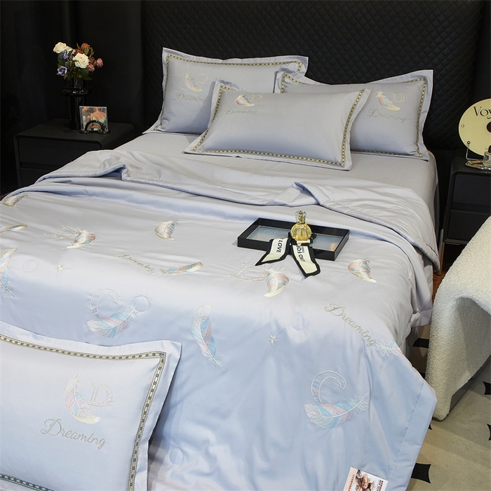 91家纺网 家纺一手货源 找家纺 佳宇轩 2025爆款A类水洗棉刺绣花边夏被夏凉被空调被夏季薄被子三四件套轻奢凉感可机洗 蜜羽-浅灰