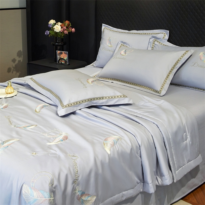 91家纺网 家纺一手货源 找家纺 佳宇轩 2025爆款A类水洗棉刺绣花边夏被夏凉被空调被夏季薄被子三四件套轻奢凉感可机洗 蜜羽-浅灰