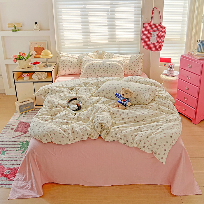 91家纺网 家纺一手货源 找家纺 名品家纺 2025新款云感皱皱双层纱四件套 甜甜心事