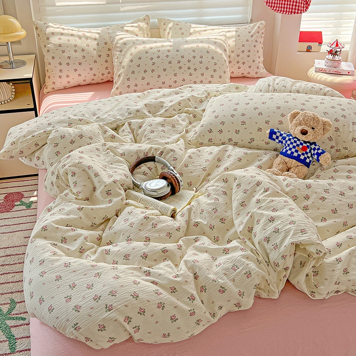 91家纺网 家纺一手货源 找家纺 名品家纺 2025新款云感皱皱双层纱四件套 甜甜心事