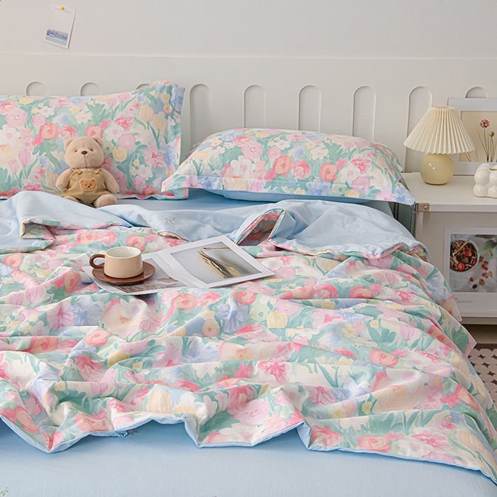 91家纺网 家纺一手货源 找家纺 绘萱家居 2025新款 100%全棉纯棉印花夏被四件套【 花型持续更新】 X蒂芙娜-粉