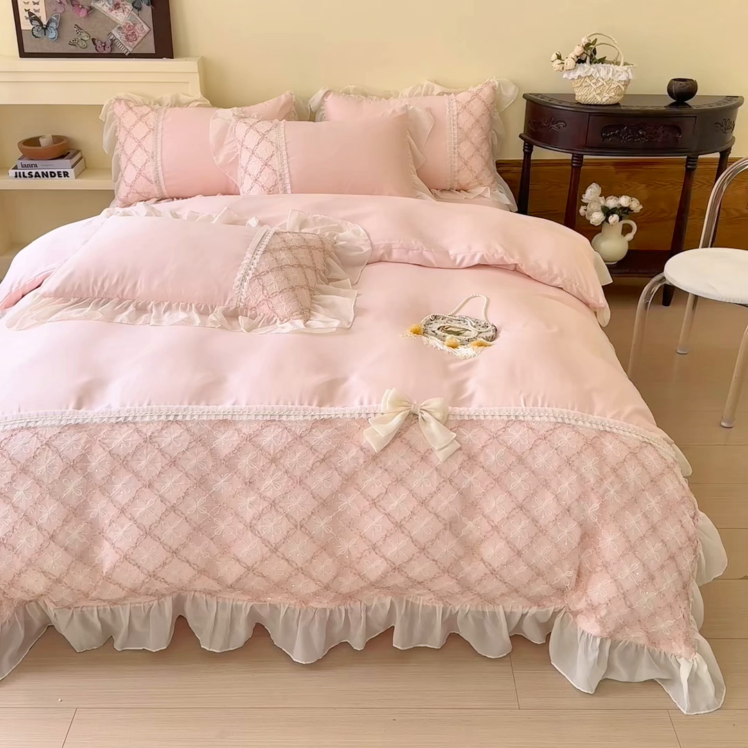 91家纺网 家纺一手货源 找家纺 （总）凯美家居 2025新款水洗真丝蕾丝刺绣四件套