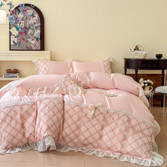 91家纺网 家纺一手货源 找家纺 （总）凯美家居 2025新款水洗真丝蕾丝刺绣四件套