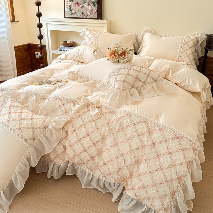 91家纺网 家纺一手货源 找家纺 （总）凯美家居 2025新款水洗真丝蕾丝刺绣四件套