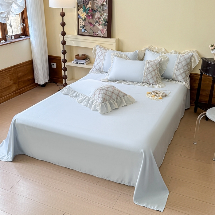 91家纺网 家纺一手货源 找家纺 凯美家居 2025新款水洗真丝蕾丝刺绣四件套 爱丽莎 浅蓝