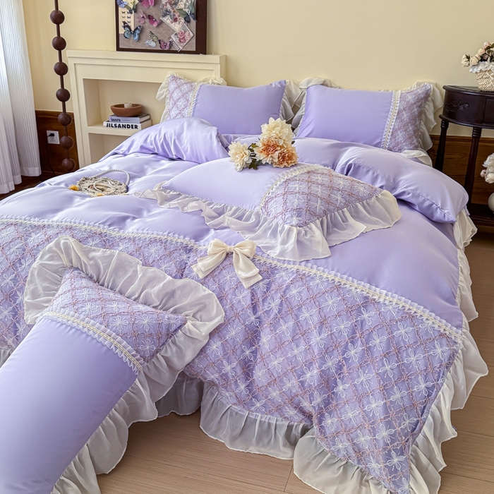 凯美家居 2025新款水洗真丝蕾丝刺绣四件套 爱丽莎 浅紫