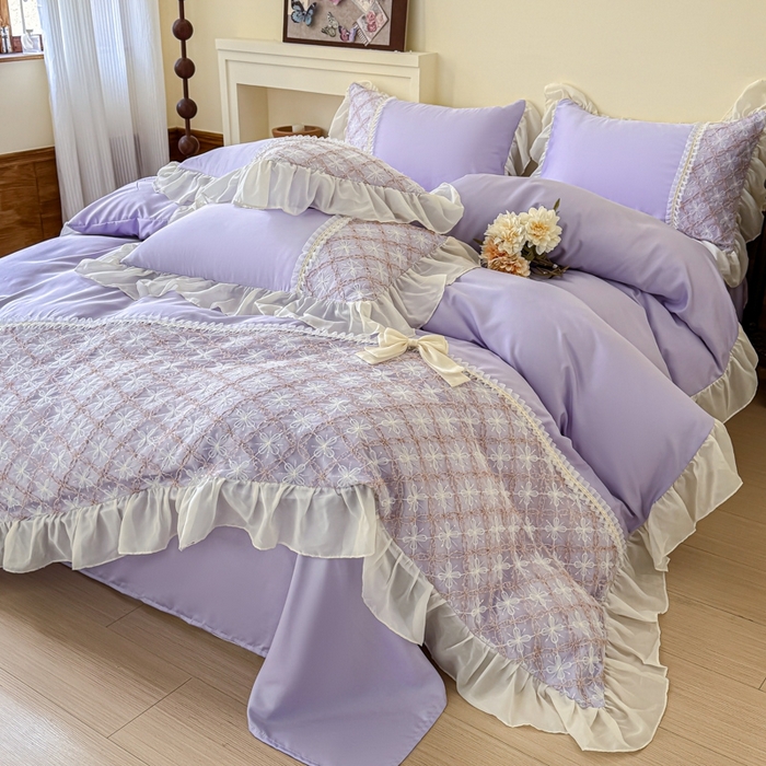 91家纺网 家纺一手货源 找家纺 凯美家居 2025新款水洗真丝蕾丝刺绣四件套 爱丽莎 浅紫