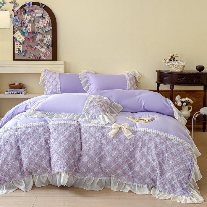 91家纺网 家纺一手货源 找家纺 凯美家居 2025新款水洗真丝蕾丝刺绣四件套 爱丽莎 浅紫