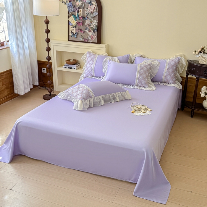 91家纺网 家纺一手货源 找家纺 凯美家居 2025新款水洗真丝蕾丝刺绣四件套 爱丽莎 浅紫