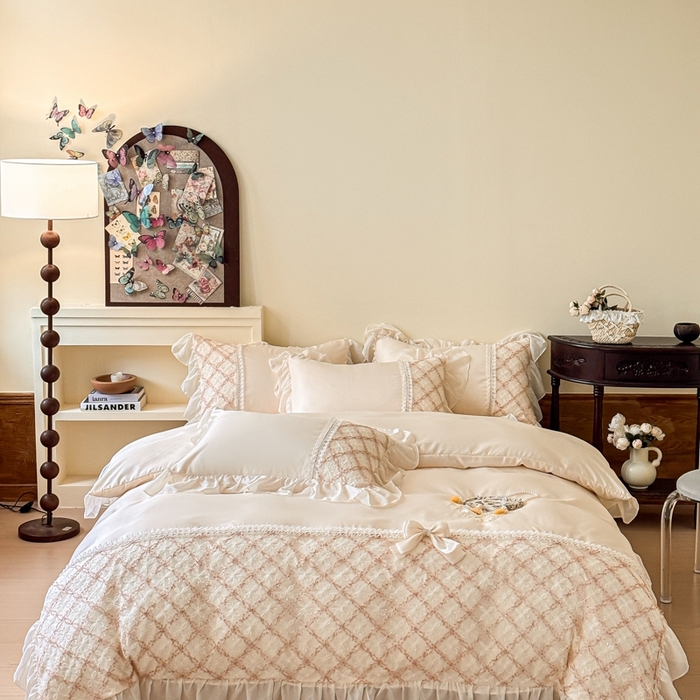 91家纺网 家纺一手货源 找家纺 凯美家居 2025新款水洗真丝蕾丝刺绣四件套 爱丽莎 香槟