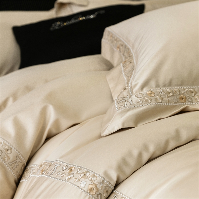 91家纺网 家纺一手货源 找家纺 保罗圣迪奥 2025新款全棉长绒棉纯棉刺绣四件套--缇梵 缇梵-香槟金