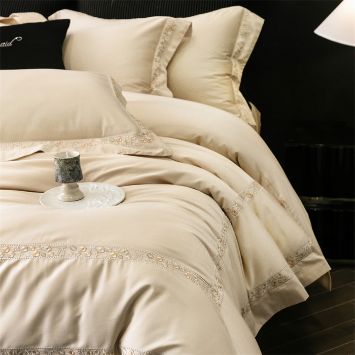 91家纺网 家纺一手货源 找家纺 保罗圣迪奥 2025新款全棉长绒棉纯棉刺绣四件套--缇梵 缇梵-香槟金
