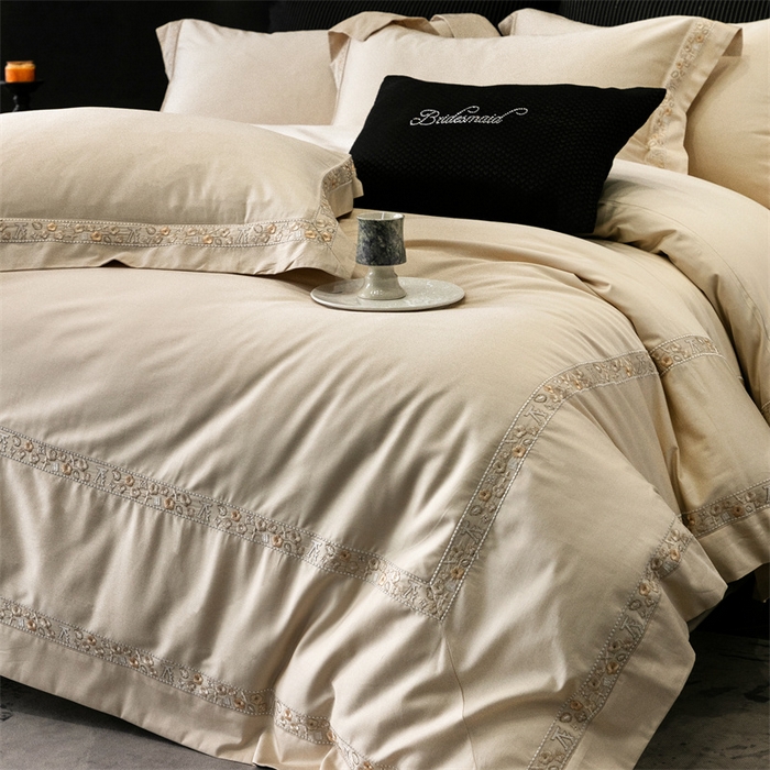 91家纺网 家纺一手货源 找家纺 保罗圣迪奥 2025新款全棉长绒棉纯棉刺绣四件套--缇梵 缇梵-香槟金