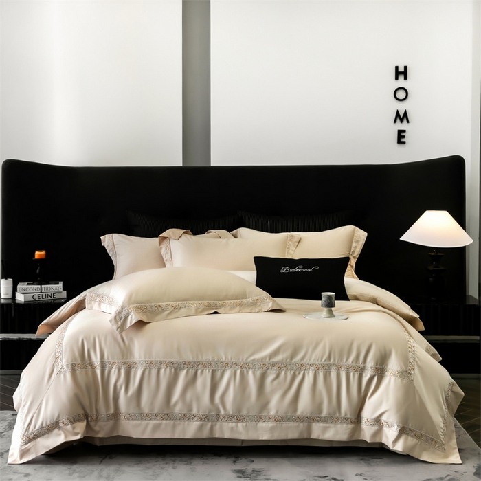 91家纺网 家纺一手货源 找家纺 保罗圣迪奥 2025新款全棉长绒棉纯棉刺绣四件套--缇梵 缇梵-香槟金