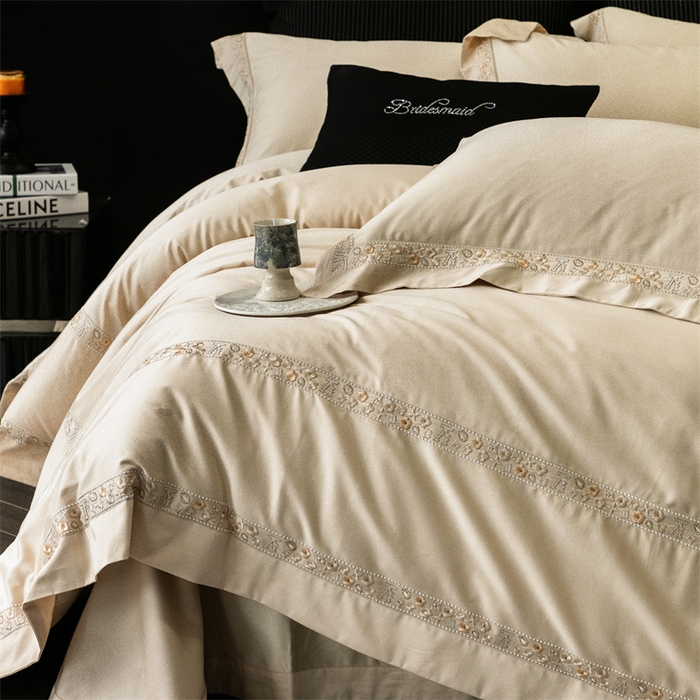 91家纺网 家纺一手货源 找家纺 保罗圣迪奥 2025新款全棉长绒棉纯棉刺绣四件套--缇梵 缇梵-香槟金