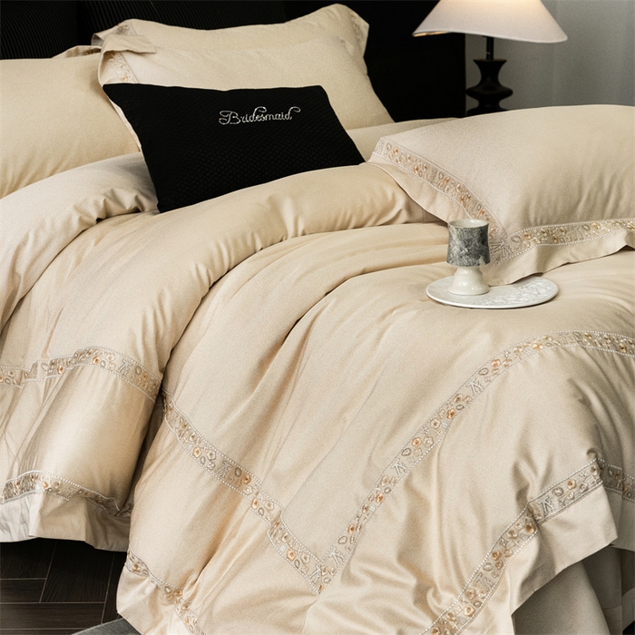 91家纺网 家纺一手货源 找家纺 保罗圣迪奥 2025新款全棉长绒棉纯棉刺绣四件套--缇梵 缇梵-香槟金