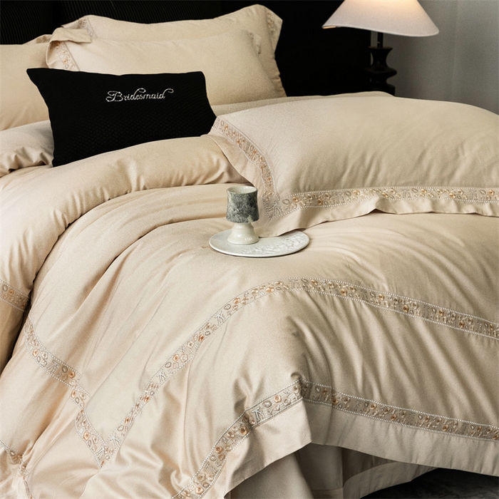 91家纺网 家纺一手货源 找家纺 保罗圣迪奥 2025新款全棉长绒棉纯棉刺绣四件套--缇梵 缇梵-香槟金