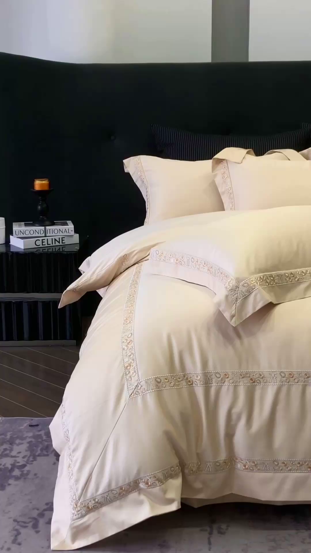 91家纺网 家纺一手货源 找家纺 保罗圣迪奥 2025新款全棉长绒棉纯棉刺绣四件套--缇梵 缇梵-香槟金