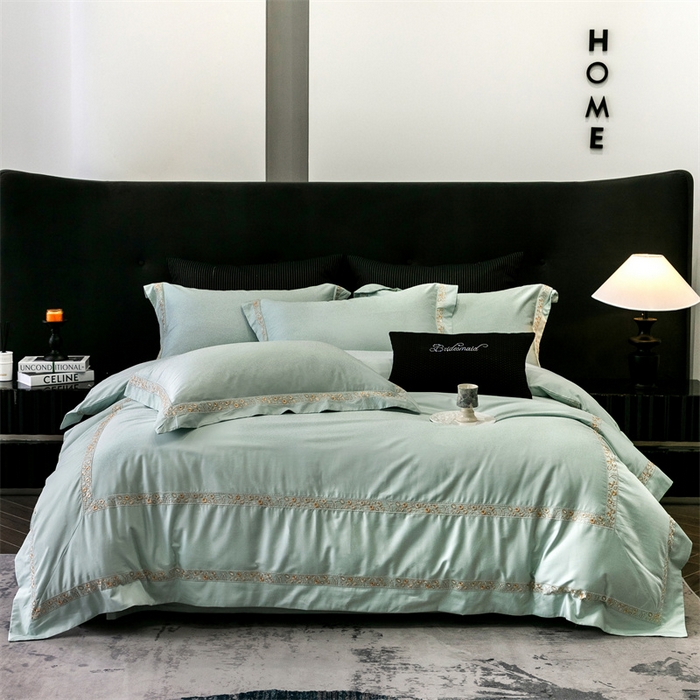 91家纺网 家纺一手货源 找家纺 保罗圣迪奥 2025新款全棉长绒棉纯棉刺绣四件套--缇梵 缇梵-青石绿