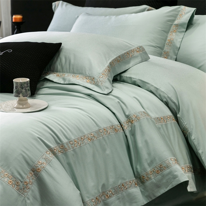 91家纺网 家纺一手货源 找家纺 保罗圣迪奥 2025新款全棉长绒棉纯棉刺绣四件套--缇梵 缇梵-青石绿