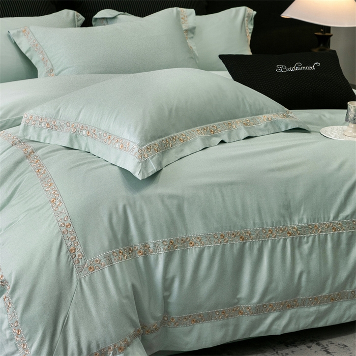 91家纺网 家纺一手货源 找家纺 保罗圣迪奥 2025新款全棉长绒棉纯棉刺绣四件套--缇梵 缇梵-青石绿