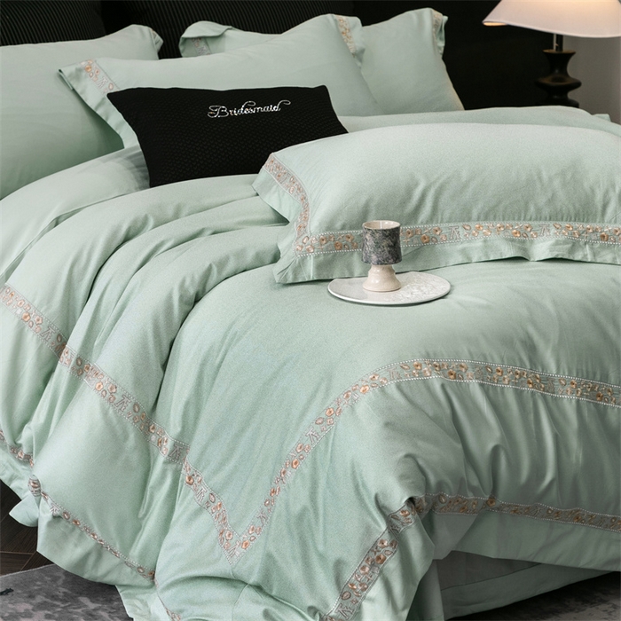 91家纺网 家纺一手货源 找家纺 保罗圣迪奥 2025新款全棉长绒棉纯棉刺绣四件套--缇梵 缇梵-青石绿