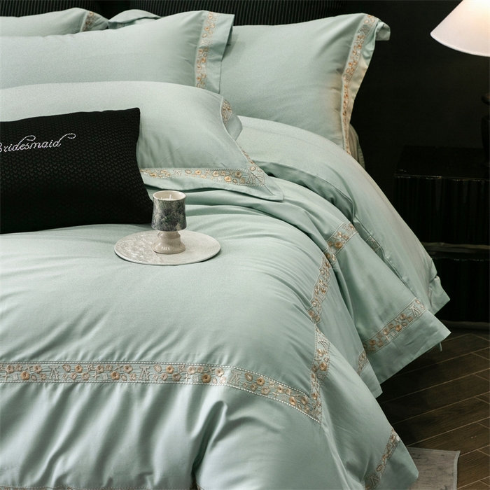 91家纺网 家纺一手货源 找家纺 保罗圣迪奥 2025新款全棉长绒棉纯棉刺绣四件套--缇梵 缇梵-青石绿