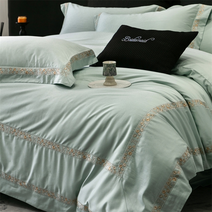 91家纺网 家纺一手货源 找家纺 保罗圣迪奥 2025新款全棉长绒棉纯棉刺绣四件套--缇梵 缇梵-青石绿