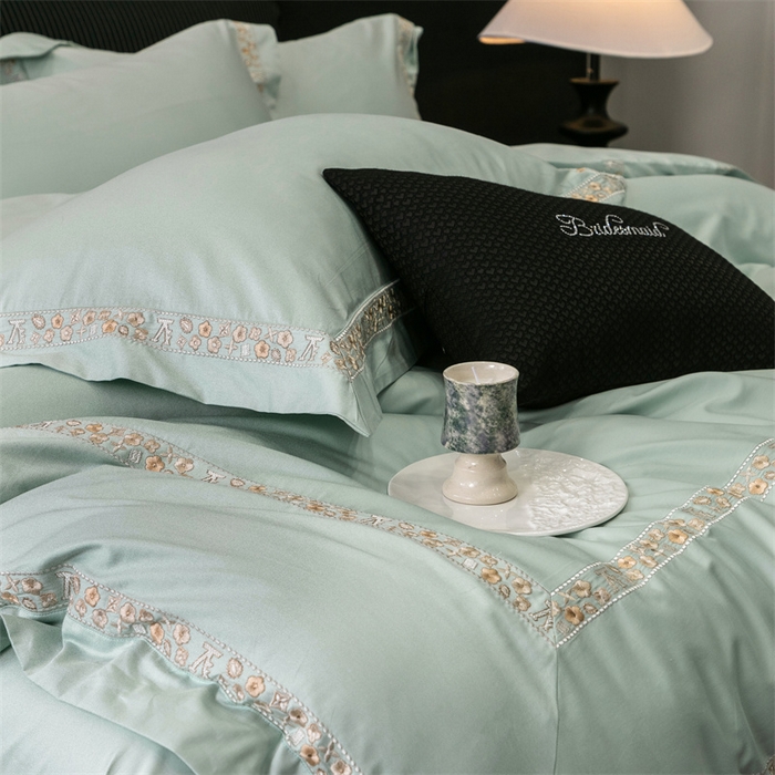 91家纺网 家纺一手货源 找家纺 保罗圣迪奥 2025新款全棉长绒棉纯棉刺绣四件套--缇梵 缇梵-青石绿