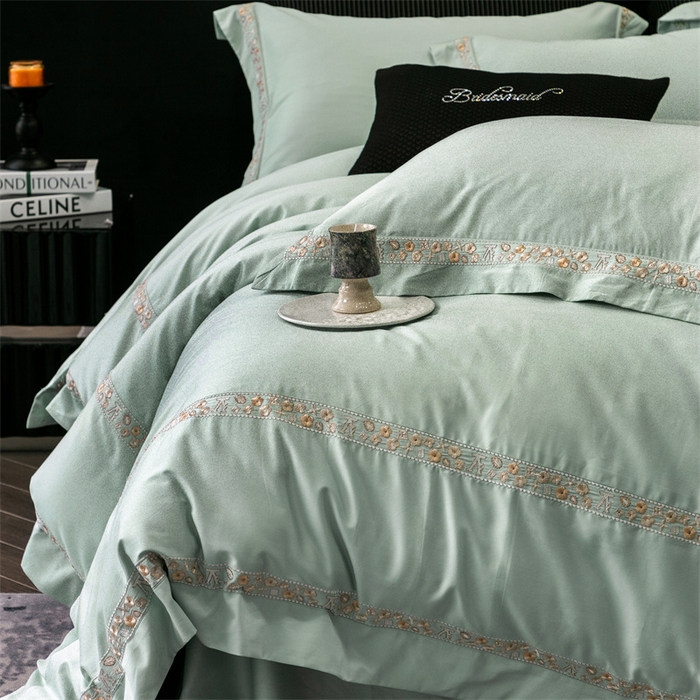 91家纺网 家纺一手货源 找家纺 保罗圣迪奥 2025新款全棉长绒棉纯棉刺绣四件套--缇梵 缇梵-青石绿