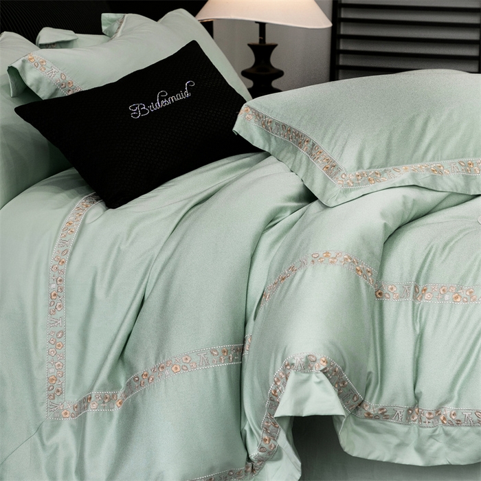 91家纺网 家纺一手货源 找家纺 保罗圣迪奥 2025新款全棉长绒棉纯棉刺绣四件套--缇梵 缇梵-青石绿