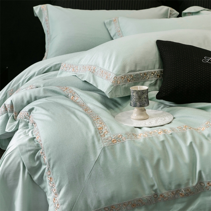 91家纺网 家纺一手货源 找家纺 保罗圣迪奥 2025新款全棉长绒棉纯棉刺绣四件套--缇梵 缇梵-青石绿