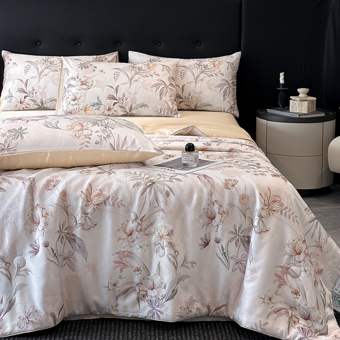 91家纺网 家纺一手货源 找家纺 慕晨 2025新款莱赛尔天丝数码印花四件套莱赛尔夏被四件套天丝夏凉被直播热款夏被被子被芯 寻光 玉