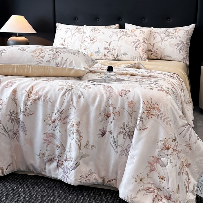 91家纺网 家纺一手货源 找家纺 慕晨 2025新款莱赛尔天丝数码印花四件套莱赛尔夏被四件套天丝夏凉被直播热款夏被被子被芯 寻光 玉