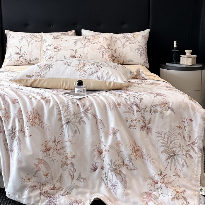 91家纺网 家纺一手货源 找家纺 慕晨 2025新款莱赛尔天丝数码印花四件套莱赛尔夏被四件套天丝夏凉被直播热款夏被被子被芯 寻光 玉