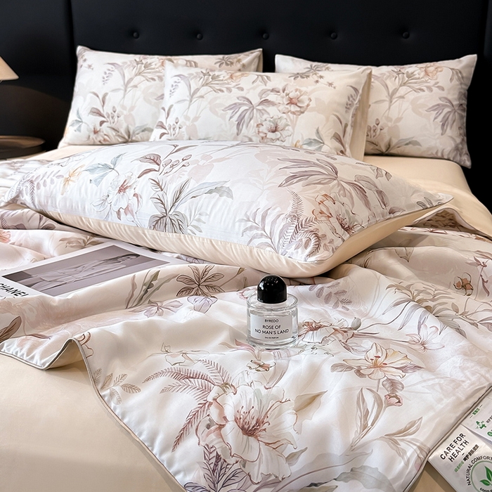 91家纺网 家纺一手货源 找家纺 慕晨 2025新款莱赛尔天丝数码印花四件套莱赛尔夏被四件套天丝夏凉被直播热款夏被被子被芯 寻光 玉