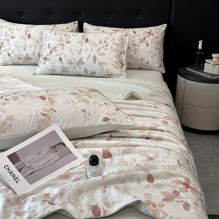 91家纺网 家纺一手货源 找家纺 慕晨 2025新款莱赛尔天丝数码印花四件套莱赛尔夏被四件套天丝夏凉被直播热款夏被被子被芯 藏幽 绿