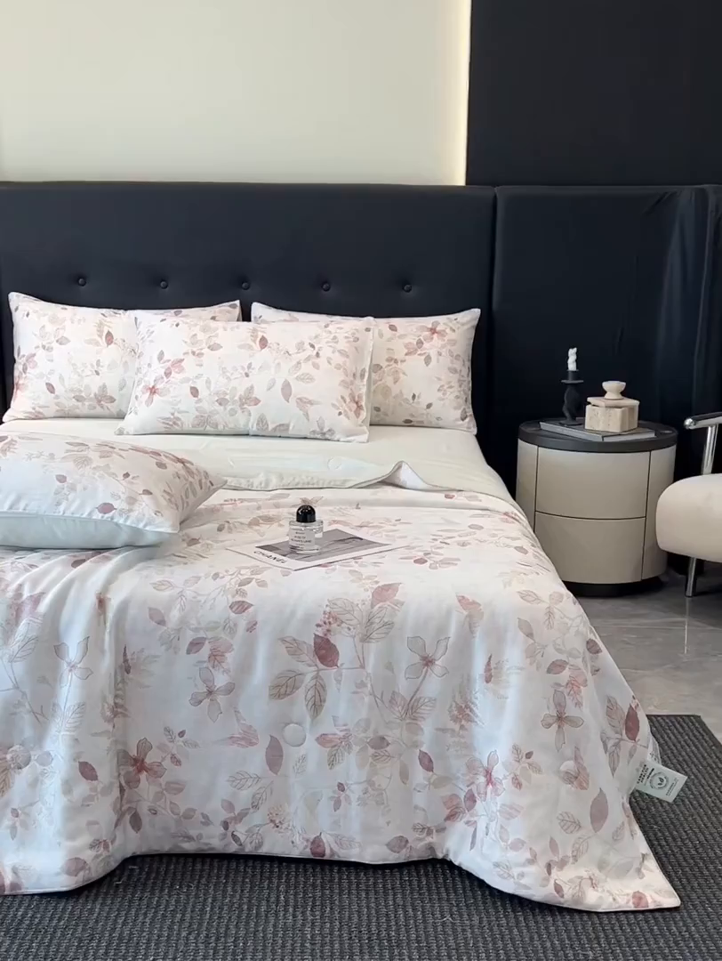 91家纺网 家纺一手货源 找家纺 慕晨 2025新款莱赛尔天丝数码印花四件套莱赛尔夏被四件套天丝夏凉被直播热款夏被被子被芯 藏幽 绿