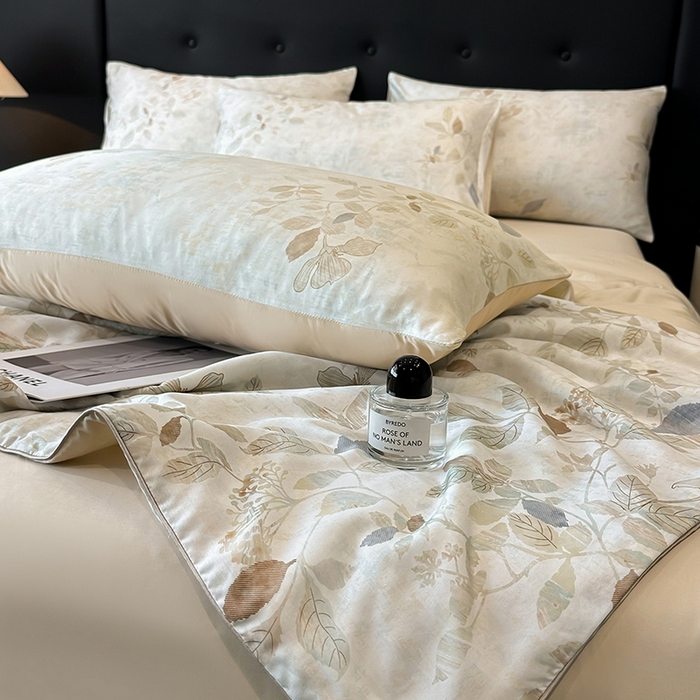 91家纺网 家纺一手货源 找家纺 慕晨 2025新款莱赛尔天丝数码印花四件套莱赛尔夏被四件套天丝夏凉被直播热款夏被被子被芯 藏幽 香槟