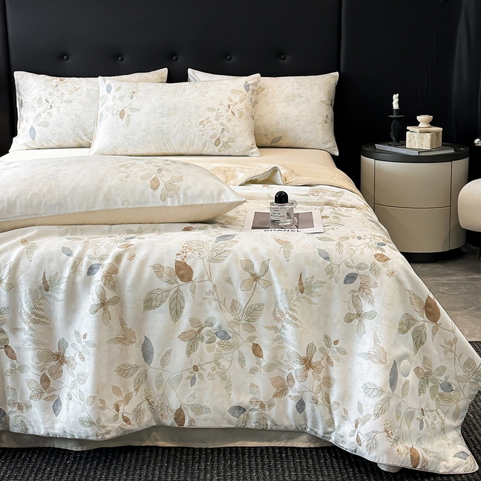 91家纺网 家纺一手货源 找家纺 慕晨 2025新款莱赛尔天丝数码印花四件套莱赛尔夏被四件套天丝夏凉被直播热款夏被被子被芯 藏幽 香槟