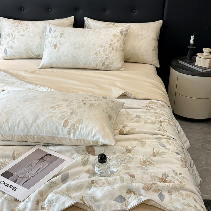 91家纺网 家纺一手货源 找家纺 慕晨 2025新款莱赛尔天丝数码印花四件套莱赛尔夏被四件套天丝夏凉被直播热款夏被被子被芯 藏幽 香槟