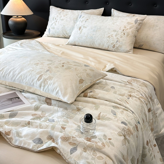 91家纺网 家纺一手货源 找家纺 慕晨 2025新款莱赛尔天丝数码印花四件套莱赛尔夏被四件套天丝夏凉被直播热款夏被被子被芯 藏幽 香槟