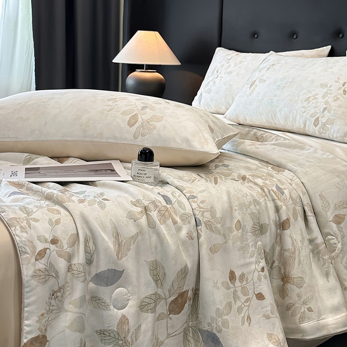 91家纺网 家纺一手货源 找家纺 慕晨 2025新款莱赛尔天丝数码印花四件套莱赛尔夏被四件套天丝夏凉被直播热款夏被被子被芯 藏幽 香槟